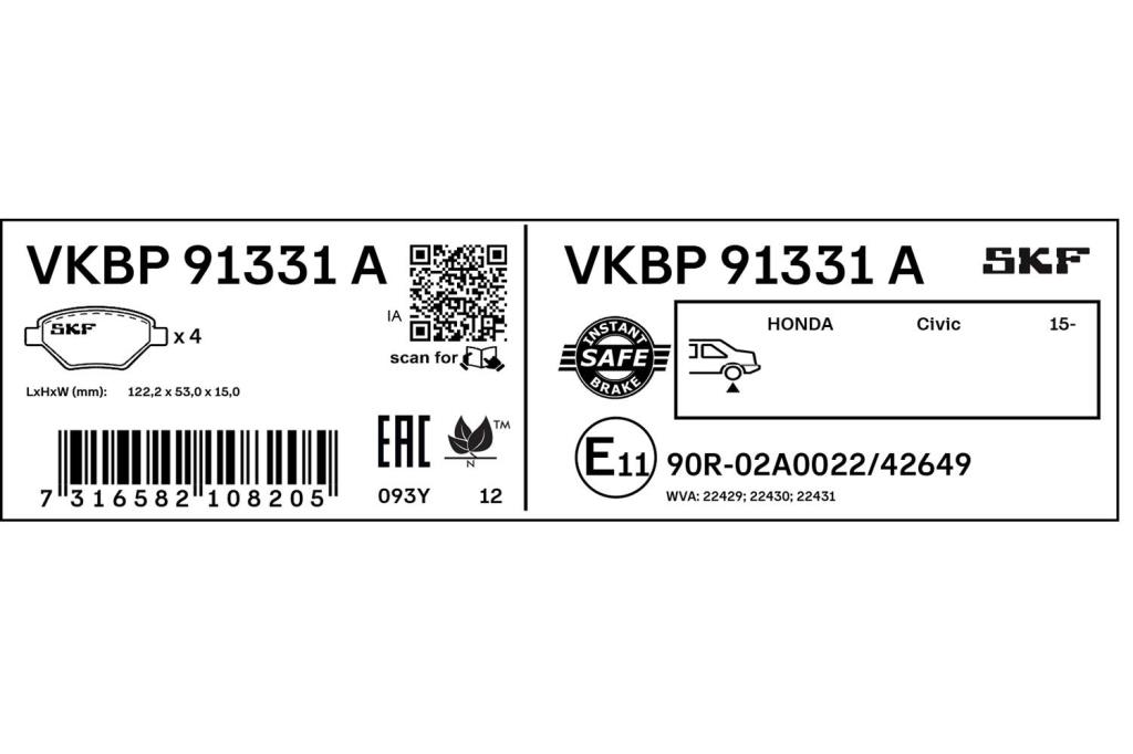 Jogo de 4 pastilhas de travão SKF ref. VKBP 91331 A