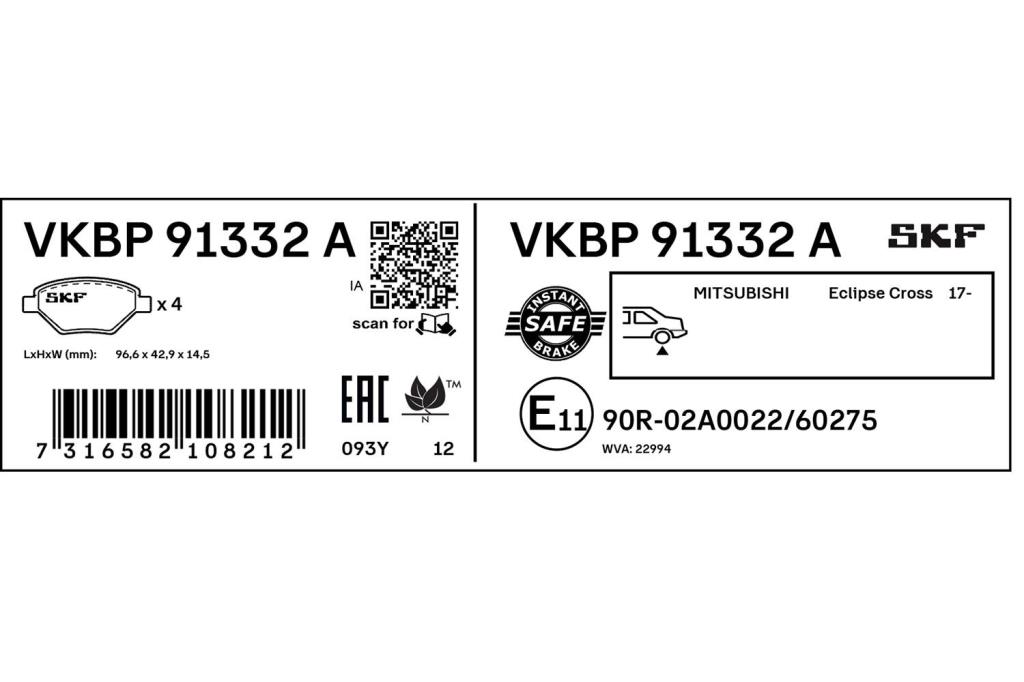 Jeu de 4 plaquettes de frein SKF ref. VKBP 91332 A