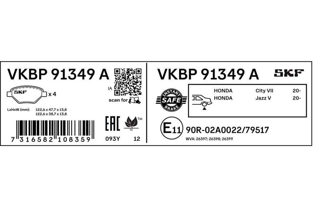 Jogo de 4 pastilhas de travão SKF ref. VKBP 91349 A