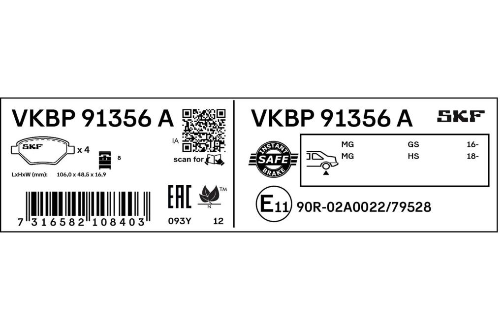 Jogo de 4 pastilhas de travão SKF ref. VKBP 91356 A