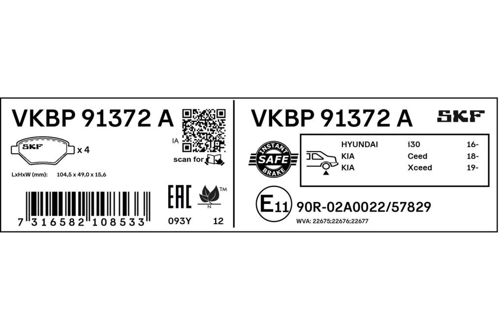 Jogo de 4 pastilhas de travão SKF ref. VKBP 91372 A