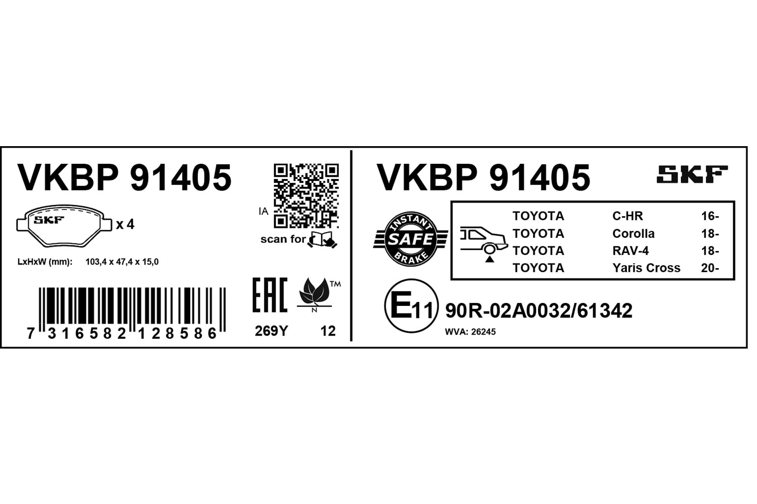 Jogo de 4 pastilhas de travão SKF VKBP 91405