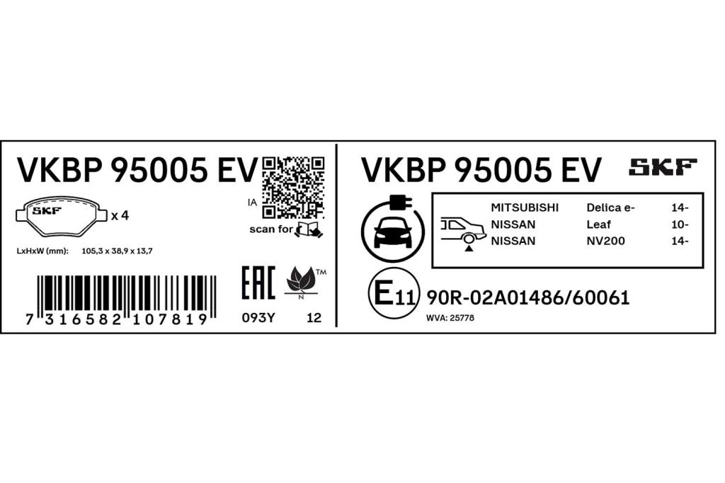 Jeu de 4 plaquettes de frein SKF ref. VKBP 95005 EV