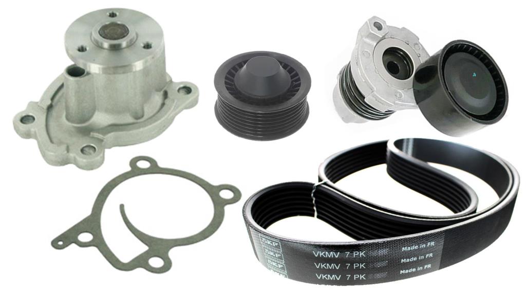 Pompe à eau+Jeu de courroie trapézoïdale à nervures (Pompe à eau et courroie accessoires) SKF ref. VKMC 62182