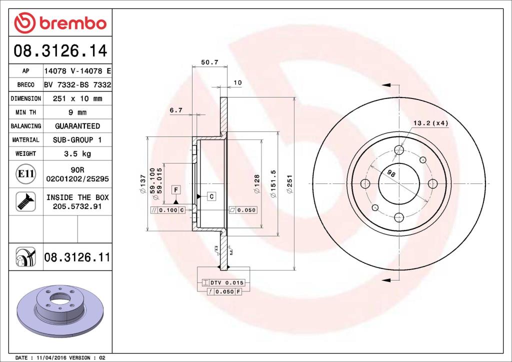 Discos de freno BREMBO ref. 08.3126.14
