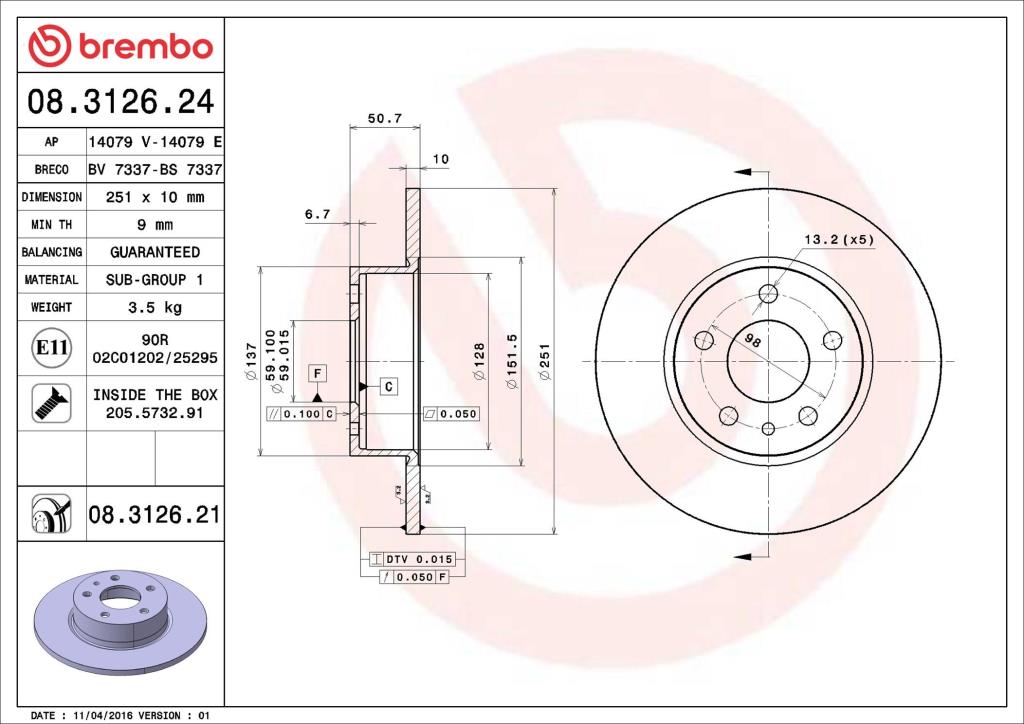 Discos de freno BREMBO ref. 08.3126.21