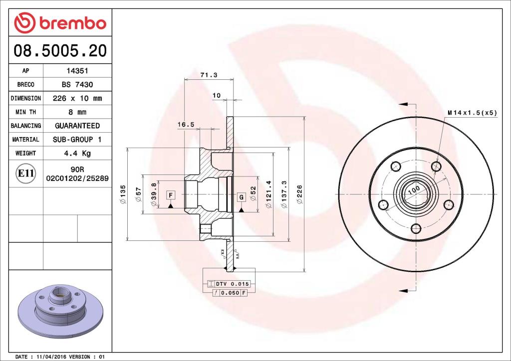 Disques de frein BREMBO ref. 08.5005.20