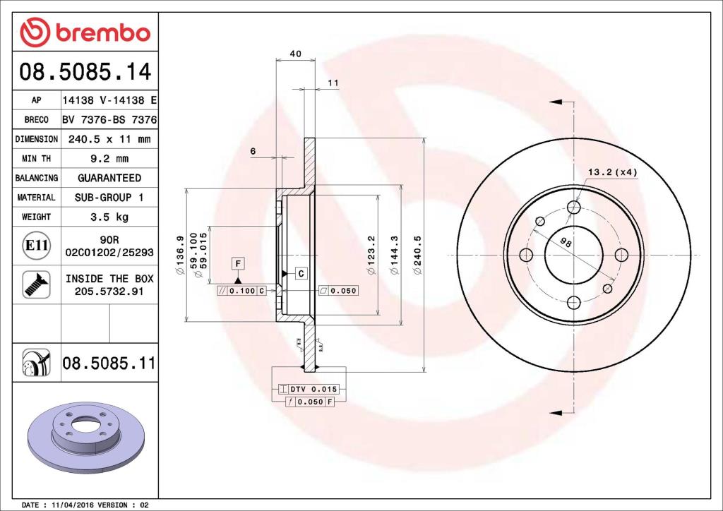 Discos de travão BREMBO ref. 08.5085.11
