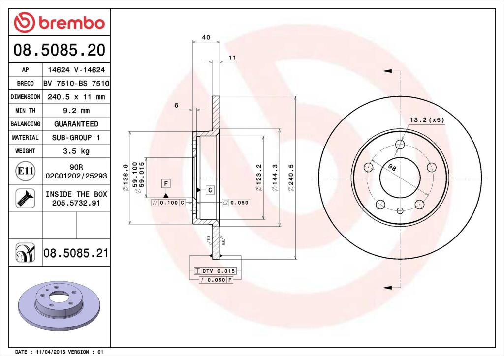 Discos de freno BREMBO ref. 08.5085.21