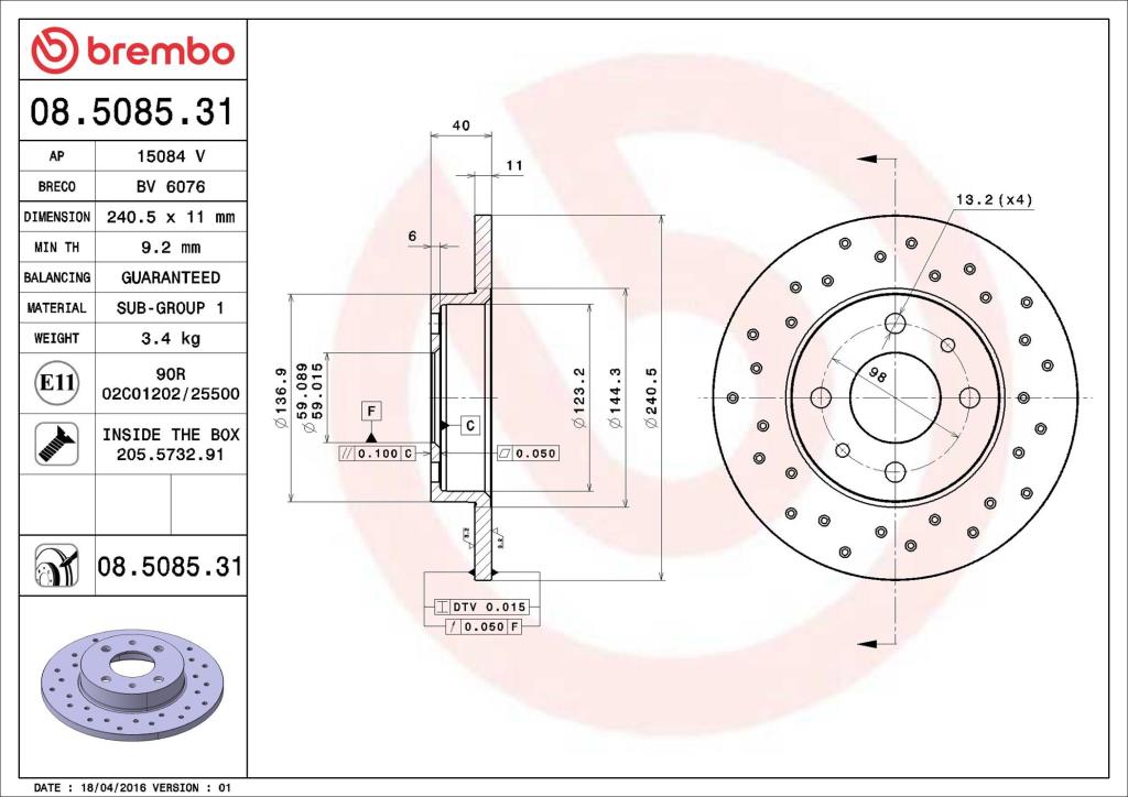Disques de frein BREMBO ref. 08.5085.31