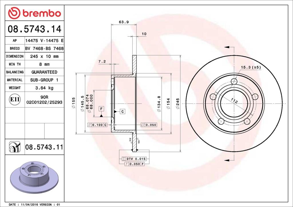 Disques de frein BREMBO ref. 08.5743.11