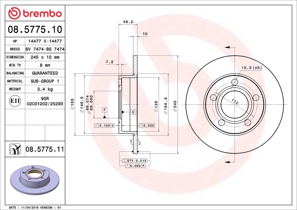 Disques de frein BREMBO 08.5775.10