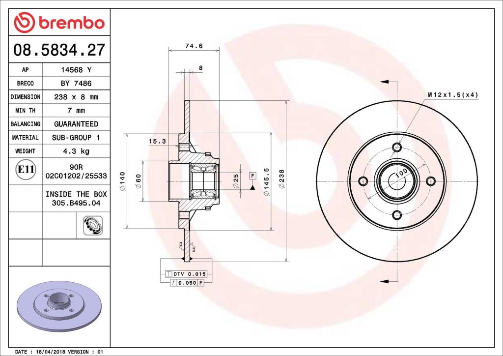 Disques de frein BREMBO ref. 08.5834.27