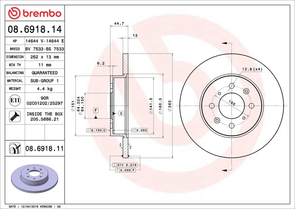Disques de frein BREMBO ref. 08.6918.11