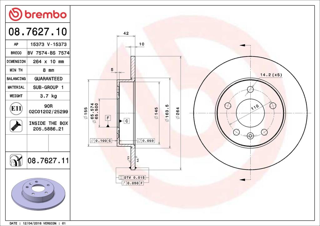 Discos de travão BREMBO ref. 08.7627.11
