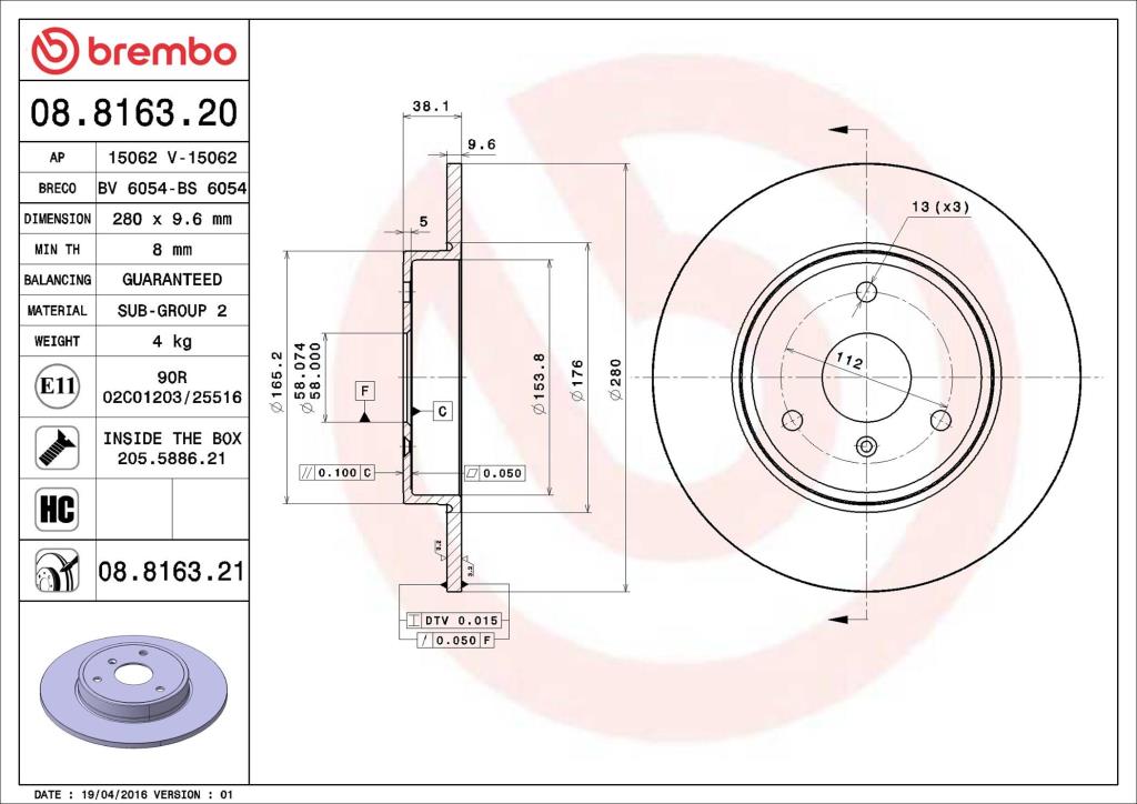 Disques de frein BREMBO ref. 08.8163.21