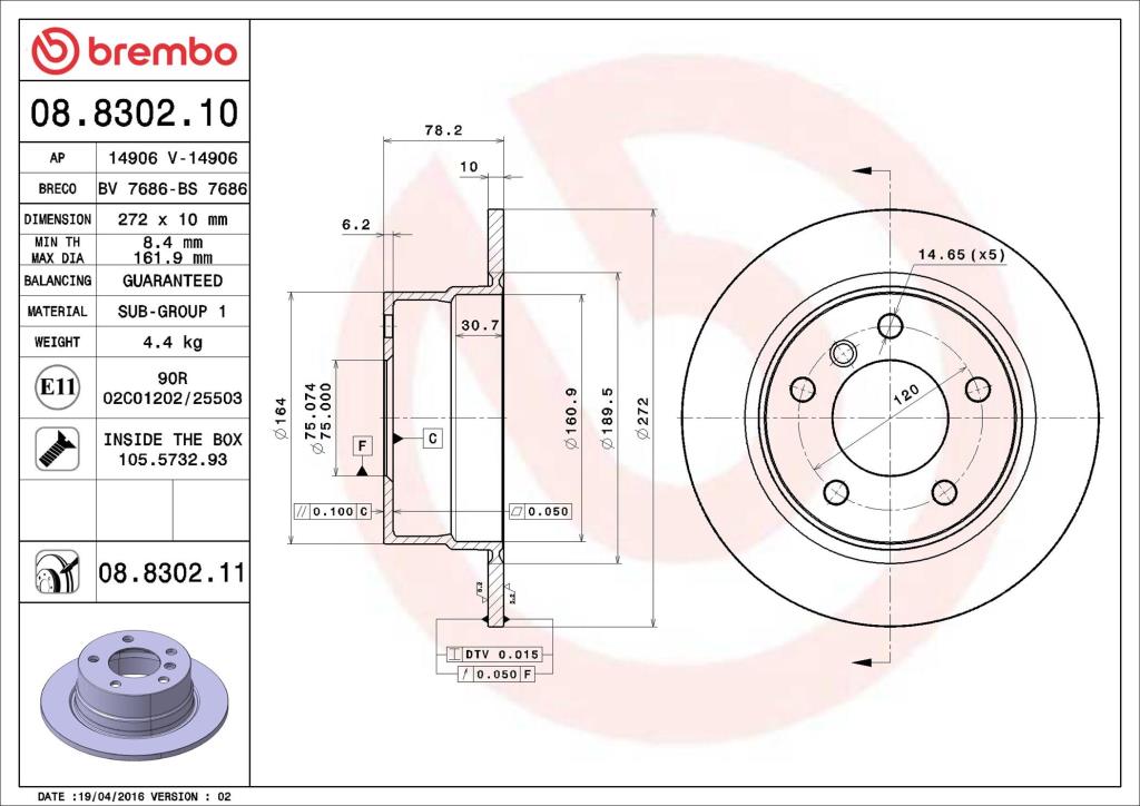 Disques de frein BREMBO 08.8302.11