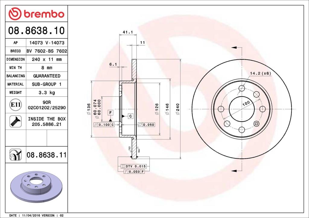 Discos de freno BREMBO ref. 08.8638.11