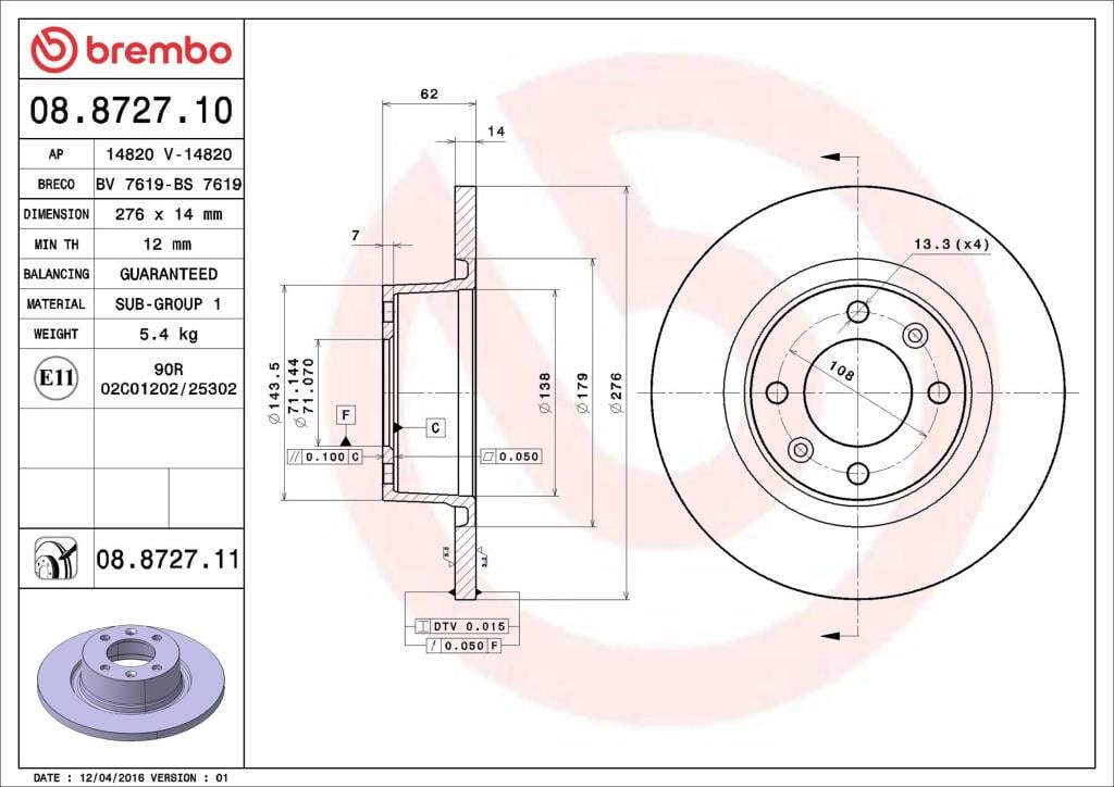 Discos de travão BREMBO ref. 08.8727.10