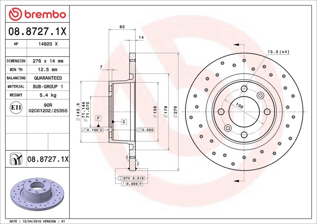 Disques de frein BREMBO ref. 08.8727.1X