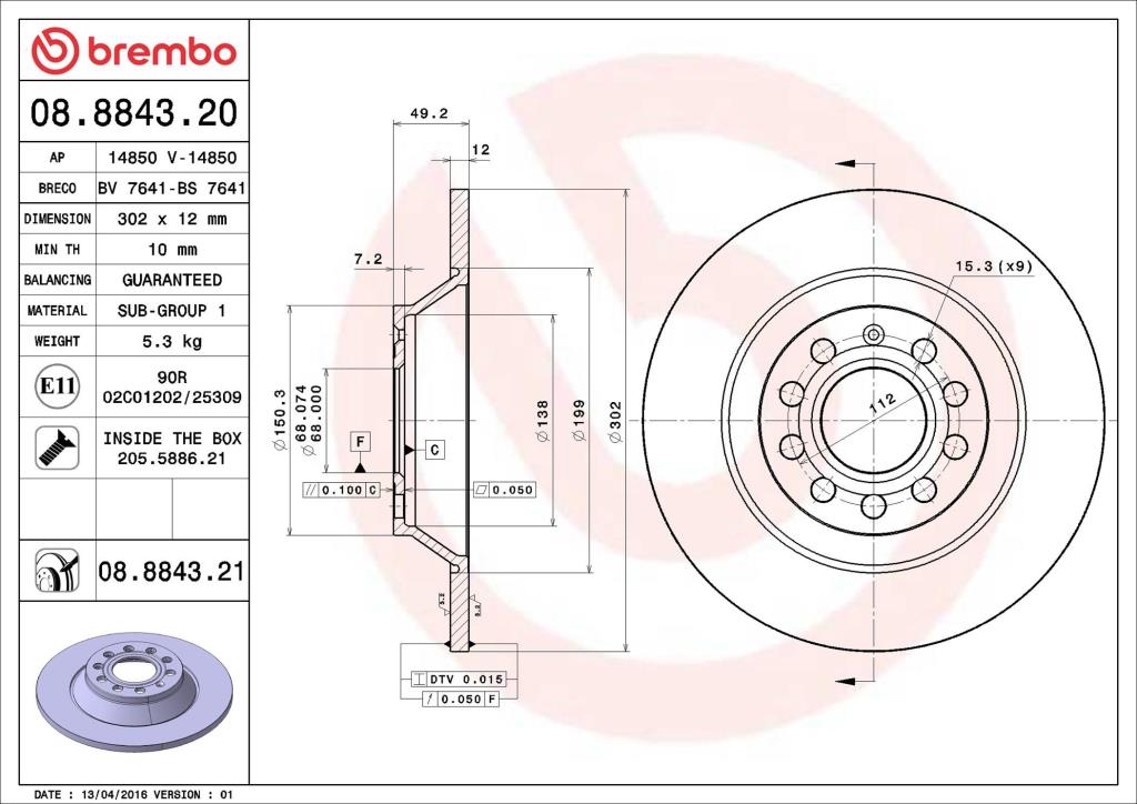 Disques de frein BREMBO ref. 08.8843.21