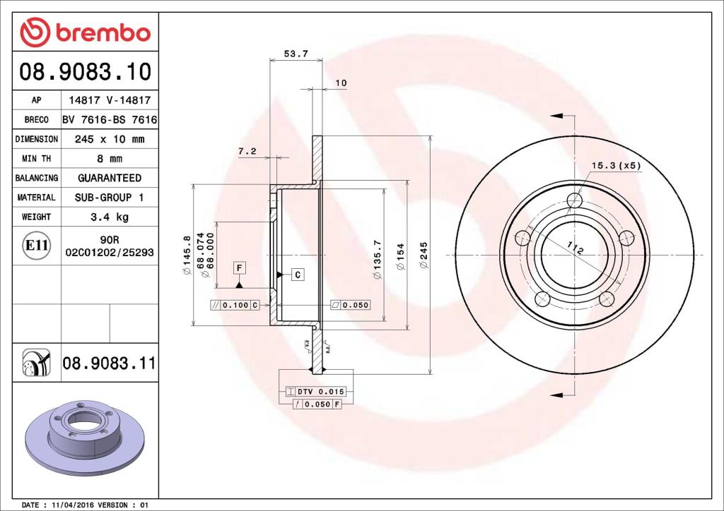 Discos de travão BREMBO ref. 08.9083.11