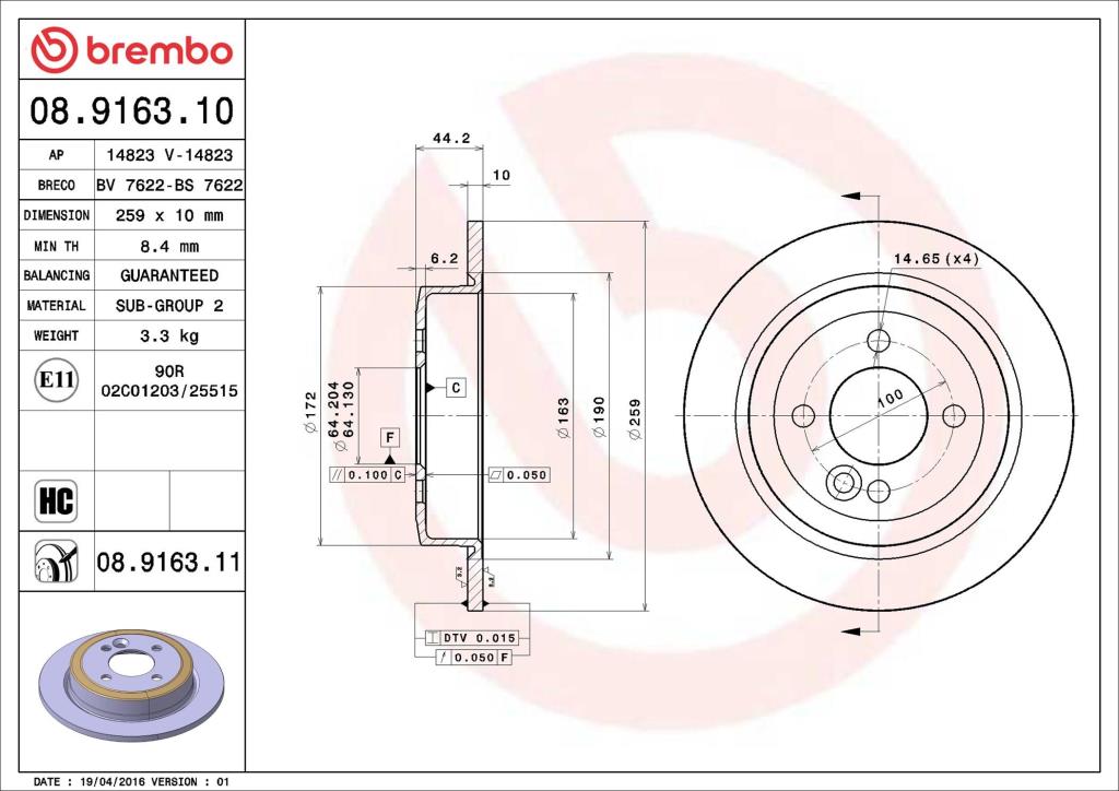 Disques de frein BREMBO ref. 08.9163.10