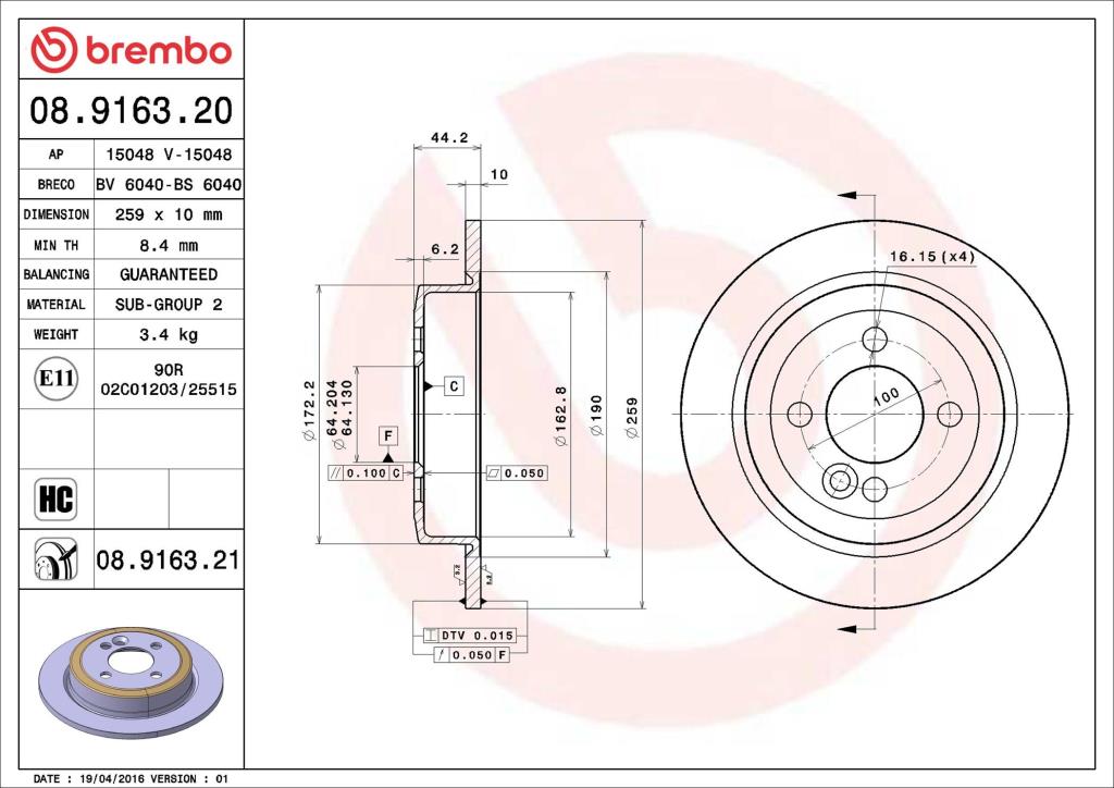 Discos de freno BREMBO ref. 08.9163.21
