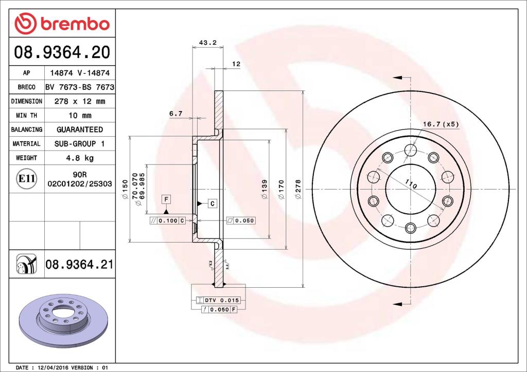 Discos de travão BREMBO ref. 08.9364.21