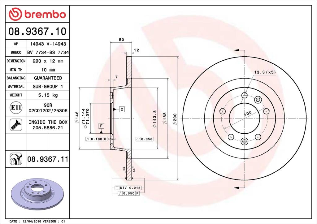 Disques de frein BREMBO ref. 08.9367.11
