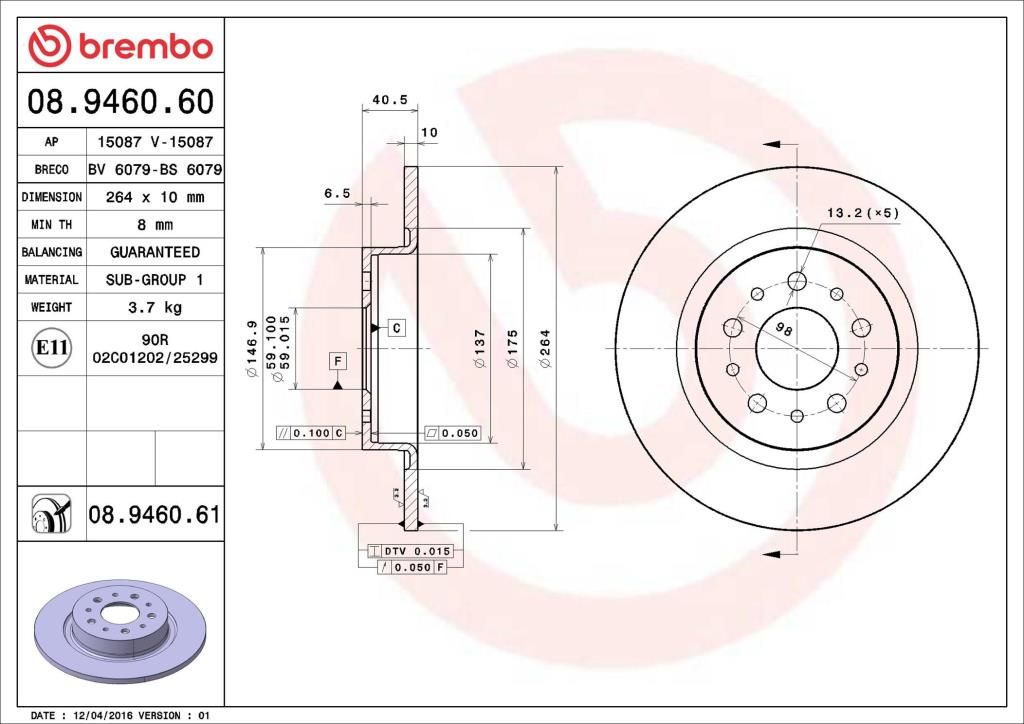 Disques de frein BREMBO ref. 08.9460.61