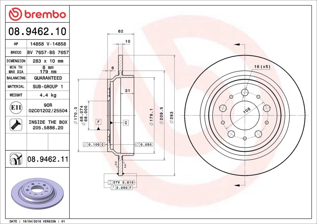 Disques de frein BREMBO 08.9462.11