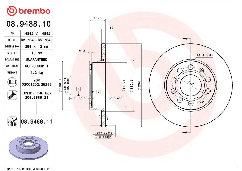 Discos de freno BREMBO ref. 08.9488.11