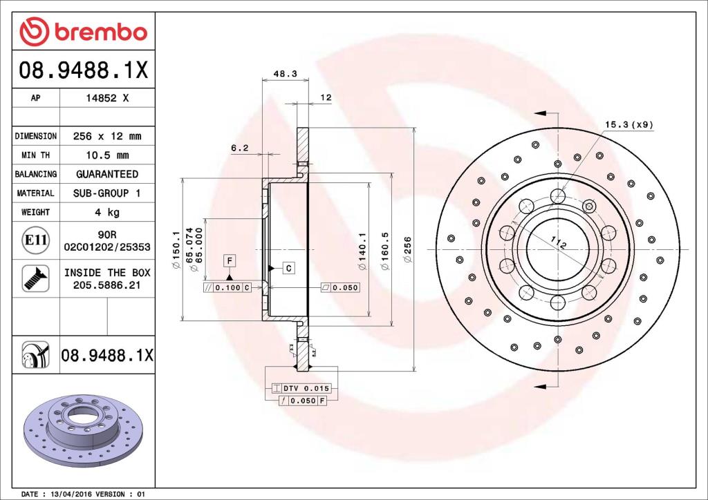 Disques de frein BREMBO ref. 08.9488.1X