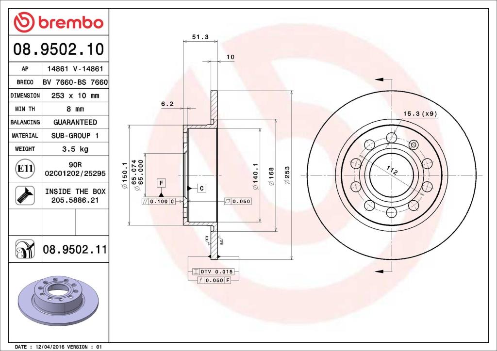 Disques de frein BREMBO ref. 08.9502.10