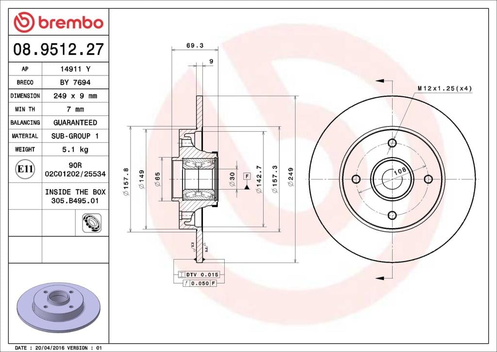 Disques de frein BREMBO ref. 08.9512.27