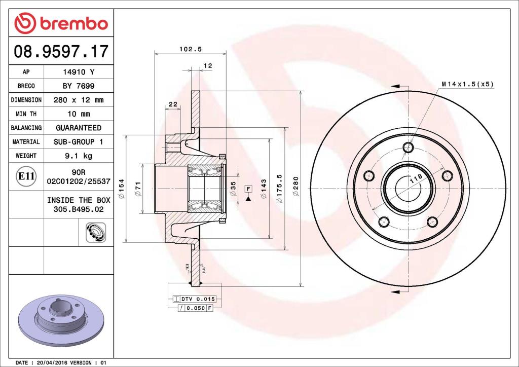 Disques de frein BREMBO ref. 08.9597.17