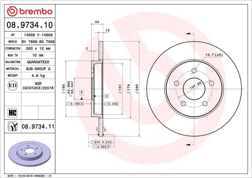 Disques de frein BREMBO ref. 08.9734.11