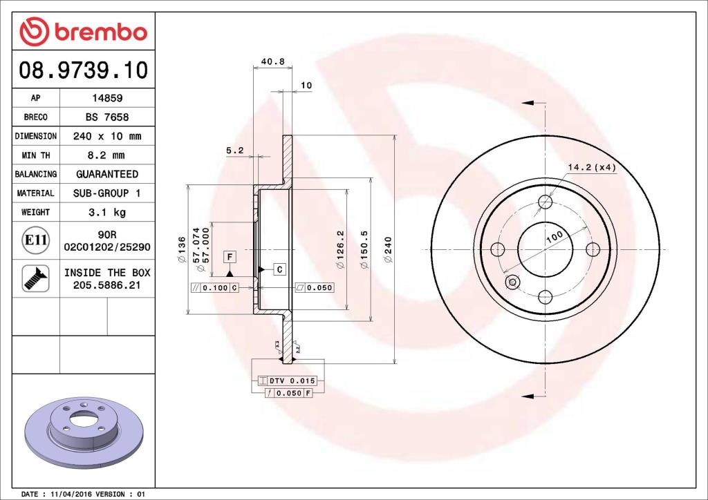 Disques de frein BREMBO ref. 08.9739.10