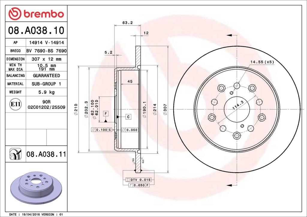 Disques de frein BREMBO ref. 08.A038.11