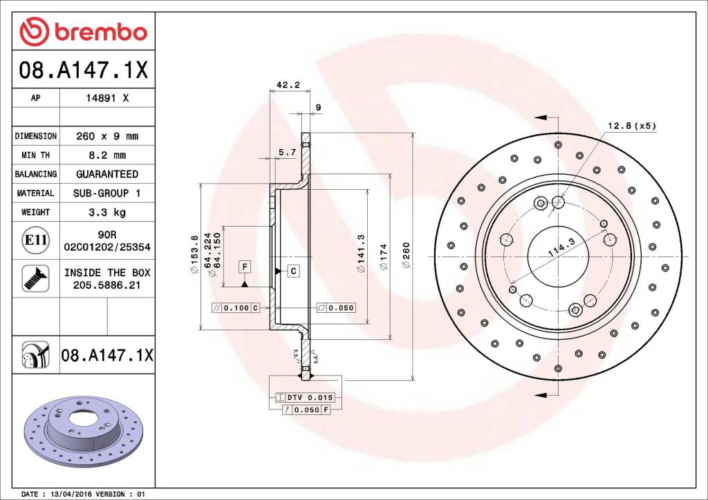 Disques de frein BREMBO ref. 08.A147.1X