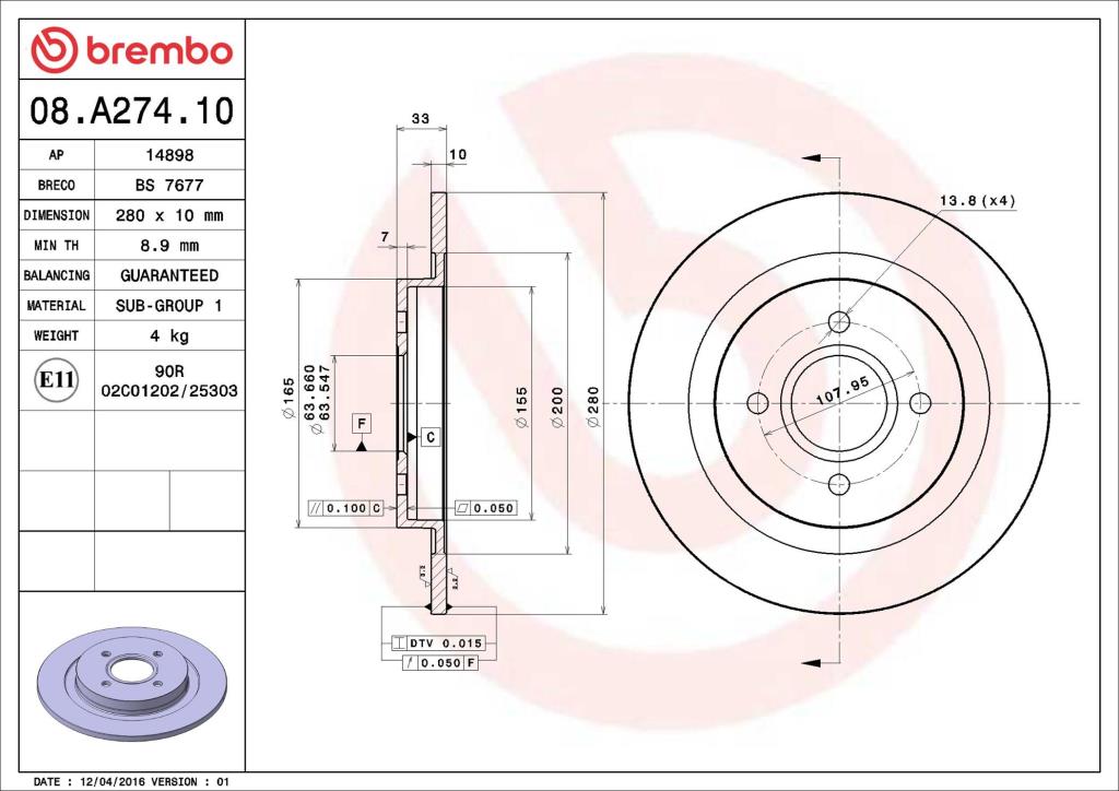 Disques de frein BREMBO ref. 08.A274.10