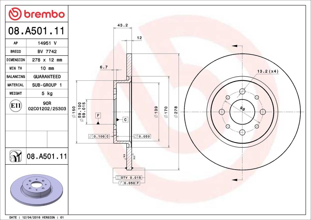 Disques de frein BREMBO ref. 08.A501.11