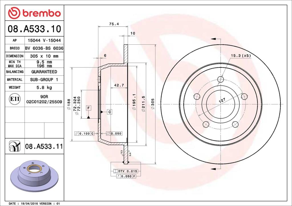 Disques de frein BREMBO ref. 08.A533.11