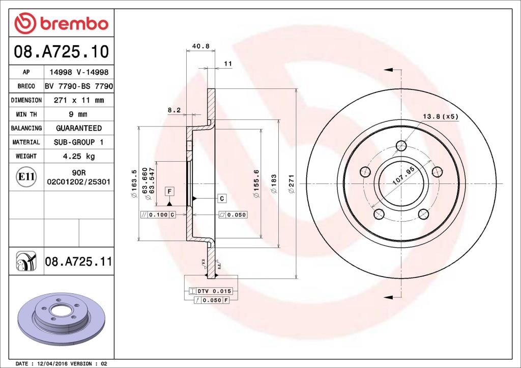 Disques de frein BREMBO ref. 08.A725.10