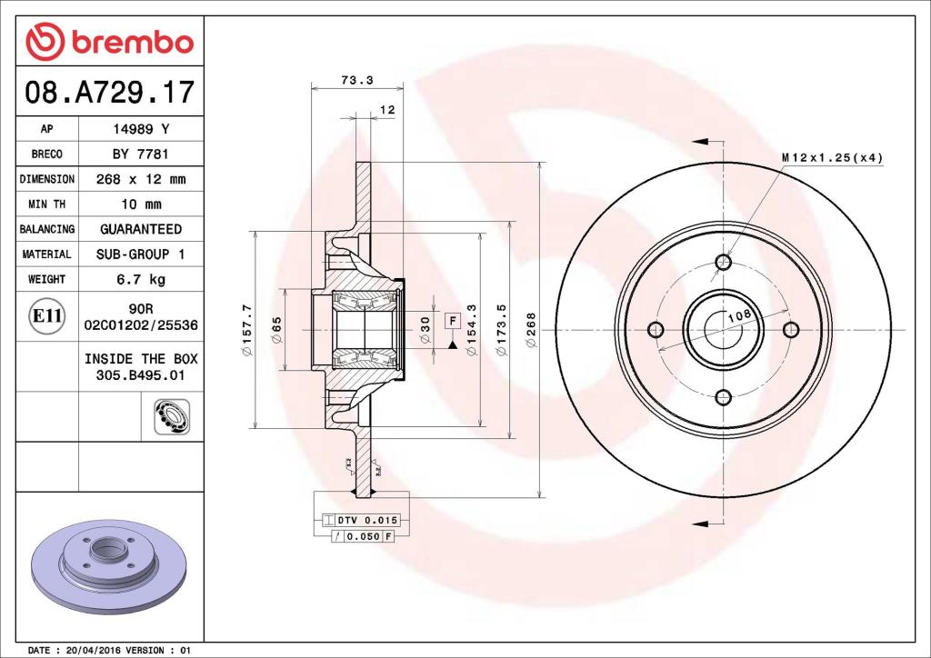 Disques de frein BREMBO ref. 08.A729.17
