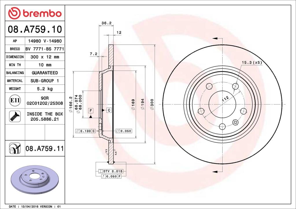 Disques de frein BREMBO ref. 08.A759.11