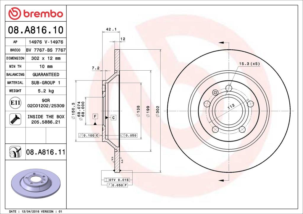 Discos de freno BREMBO ref. 08.A816.11