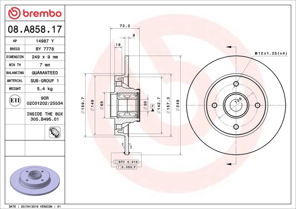 Disques de frein BREMBO ref. 08.A858.17