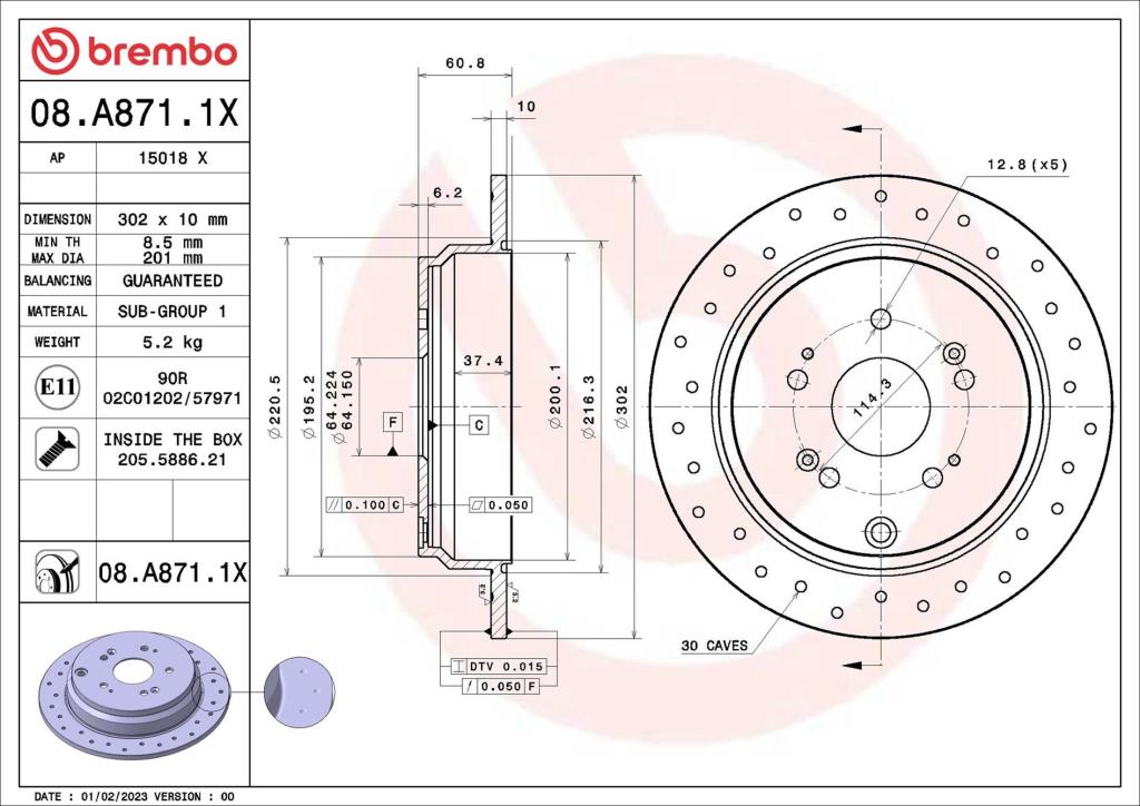 Disques de frein BREMBO 08.A871.1X